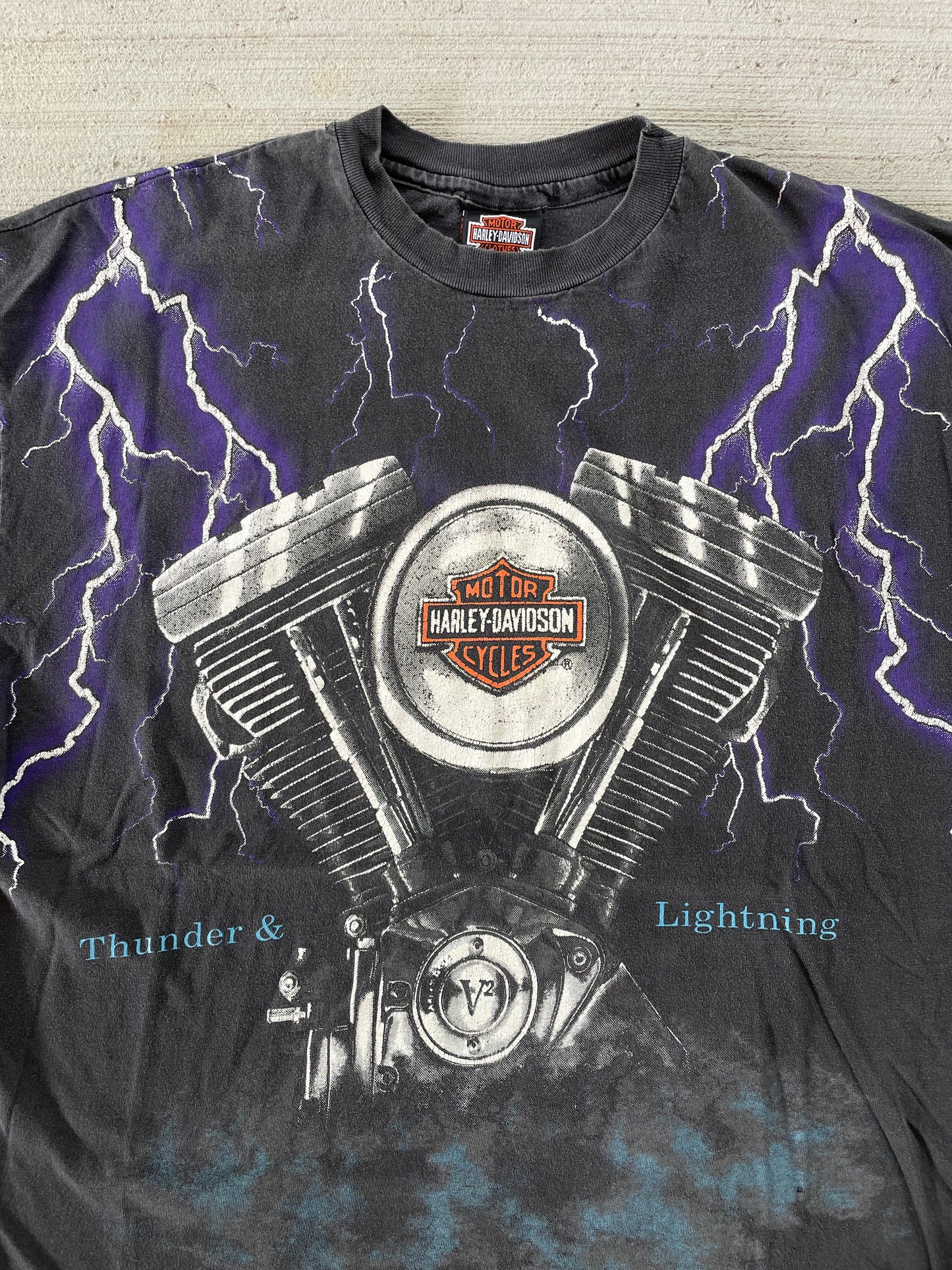 Vintage 1990s Harley Davidson Thunder and Lightning AOP Tee