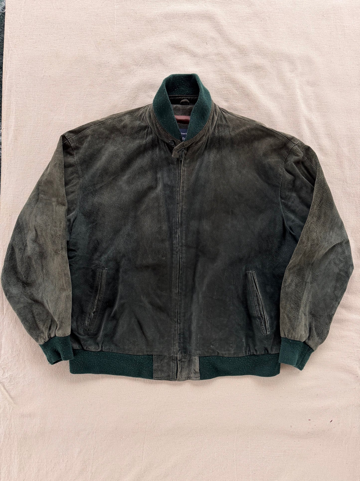 Vintage 80s Norm Thompson Green Suede Bomber Jacket