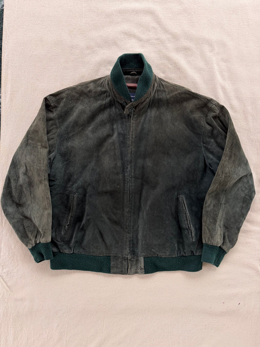 Vintage 80s Norm Thompson Green Suede Bomber Jacket