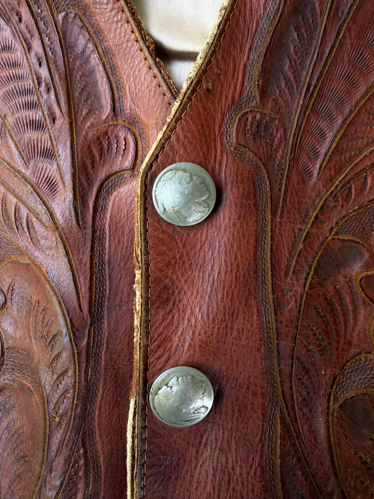 Vintage 1950s Hand Tooled Buffalo Nickel Leather Vest