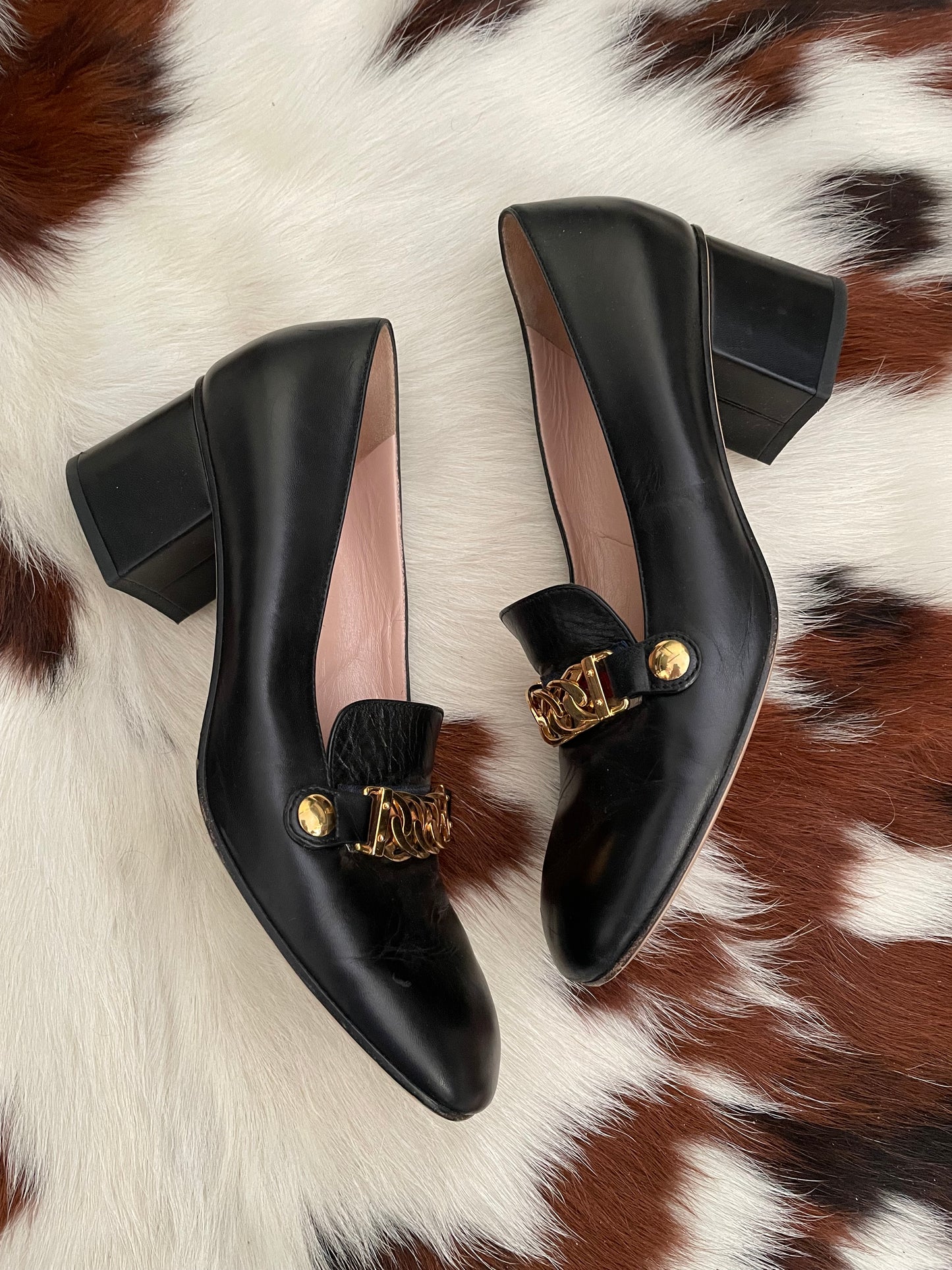 Gucci Black Leather Sylvie Mid Heel Loafers