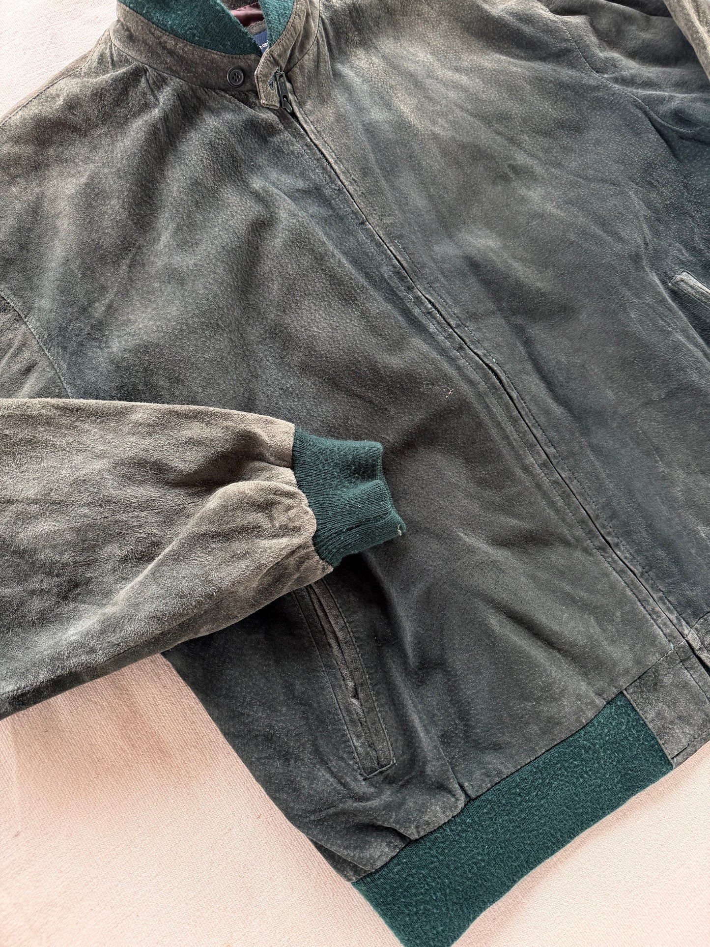 Vintage 80s Norm Thompson Green Suede Bomber Jacket