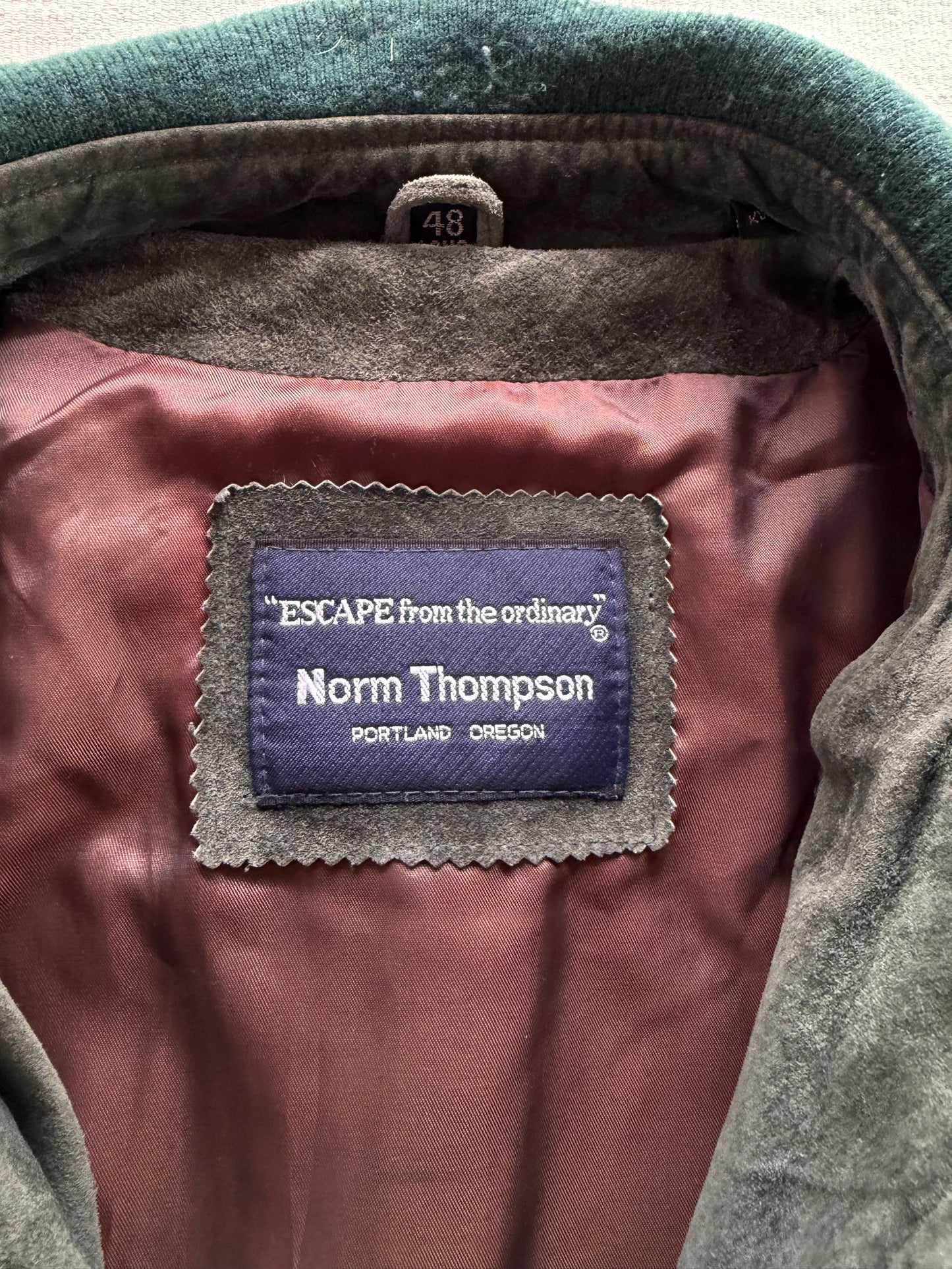 Vintage 80s Norm Thompson Green Suede Bomber Jacket