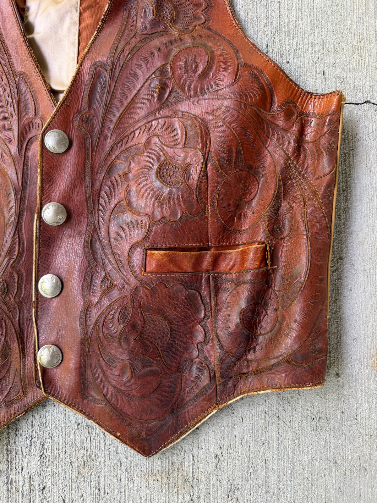 Vintage 1950s Hand Tooled Buffalo Nickel Leather Vest