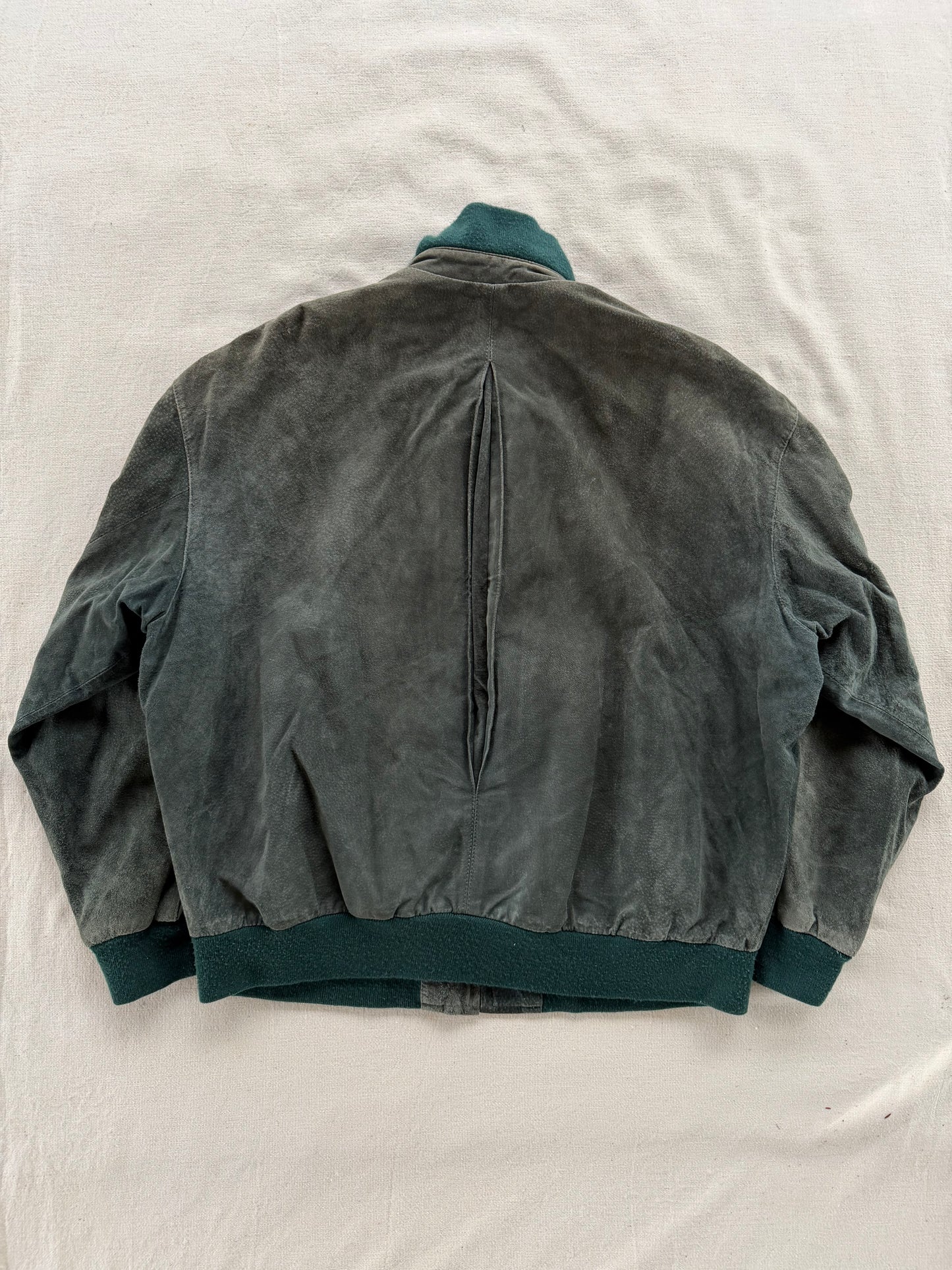Vintage 80s Norm Thompson Green Suede Bomber Jacket