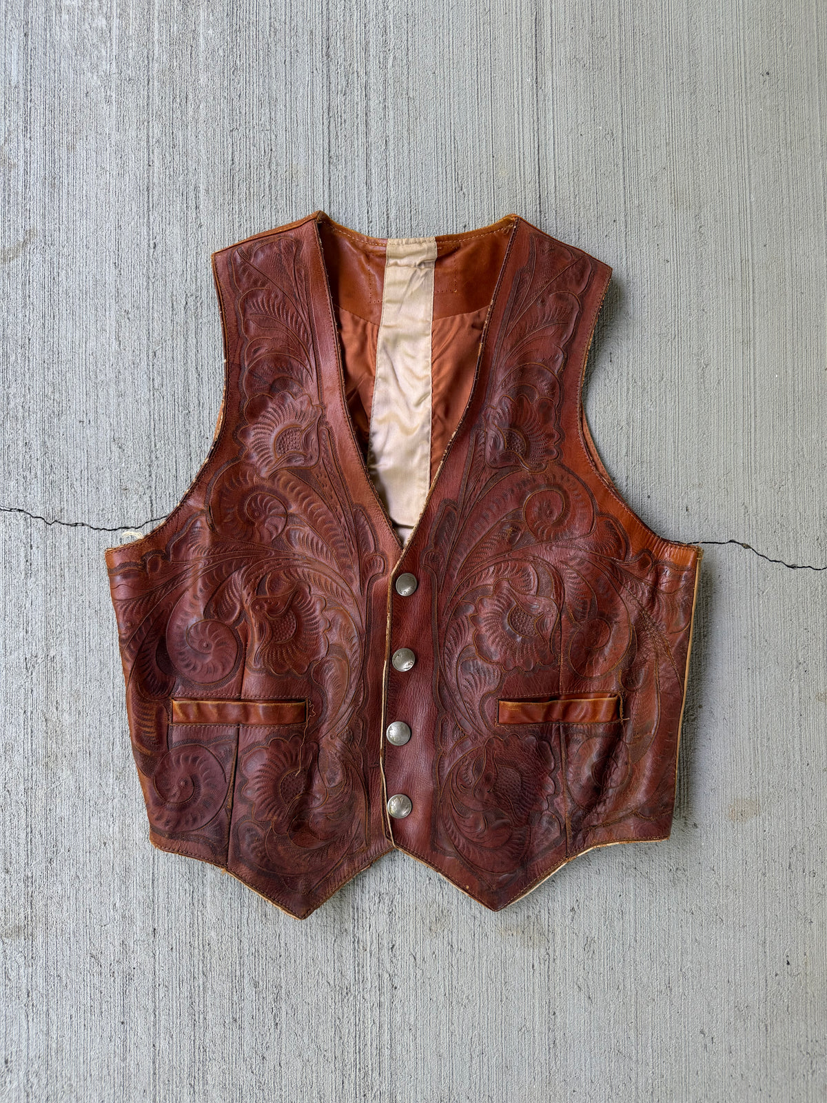 Vintage 1950s Hand Tooled Buffalo Nickel Leather Vest