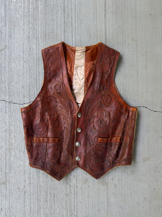 Vintage 1950s Hand Tooled Buffalo Nickel Leather Vest