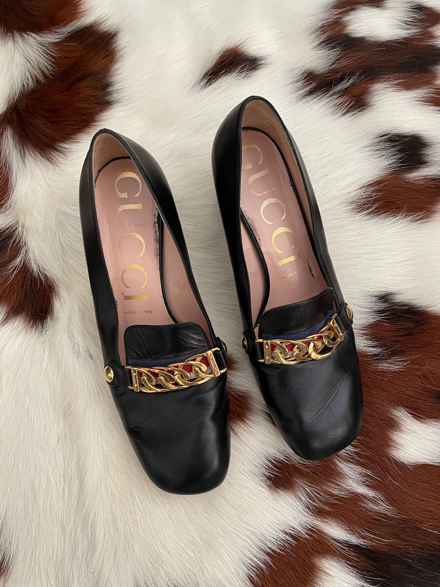 Gucci Black Leather Sylvie Mid Heel Loafers