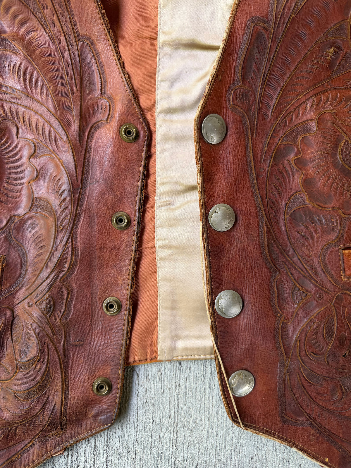 Vintage 1950s Hand Tooled Buffalo Nickel Leather Vest