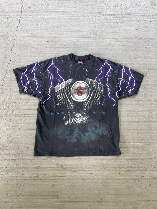 Vintage 1990s Harley Davidson Thunder and Lightning AOP Tee