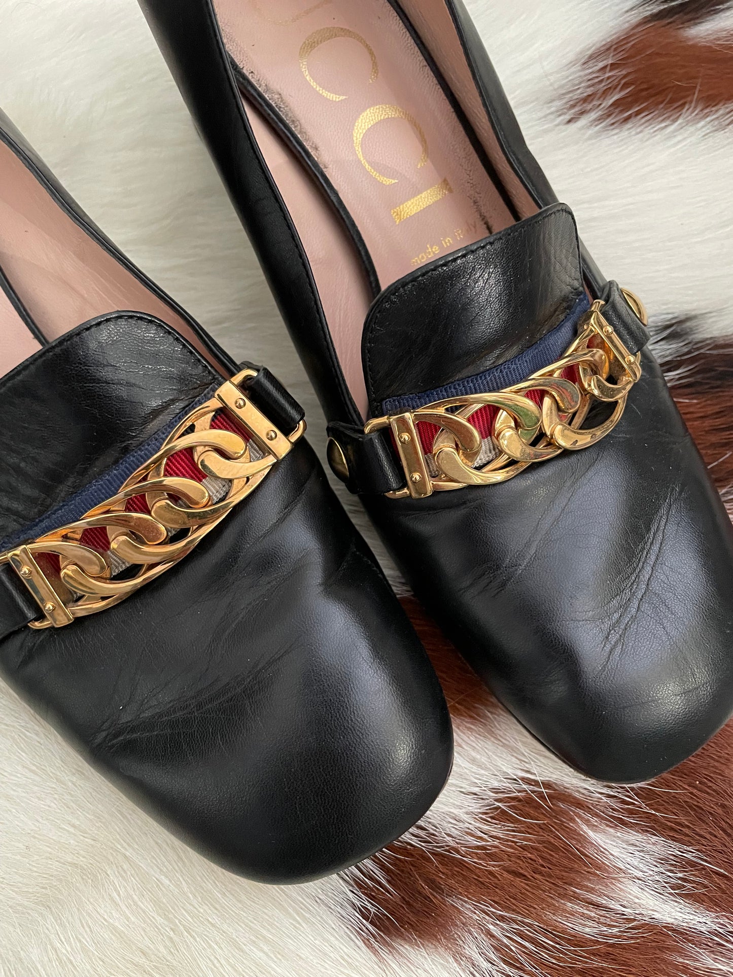 Gucci Black Leather Sylvie Mid Heel Loafers