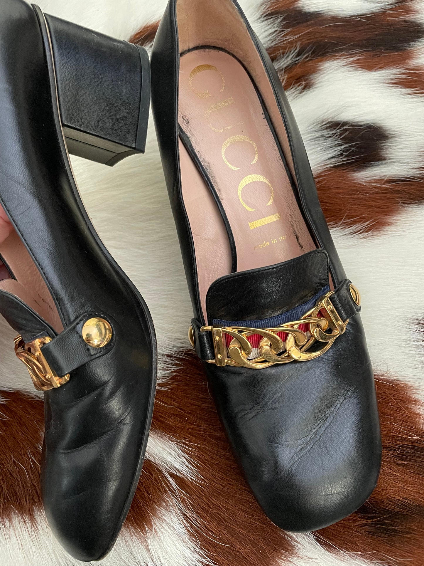 Gucci Black Leather Sylvie Mid Heel Loafers